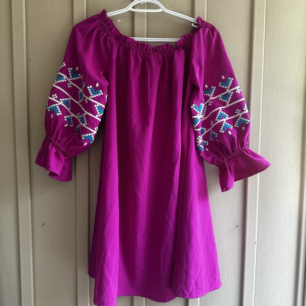 TCEC Comfy Fuchsia Embroidered Silky Womens Heart Puff Off Shoulder Dress Medium